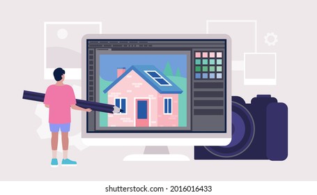Character with pencil and photo editing computer program. Digital drawing program for photographer. Colorful flat vector drawing.