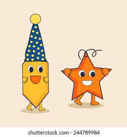 Character of pencil wearing a stylish cap and stylish star with happy mood.