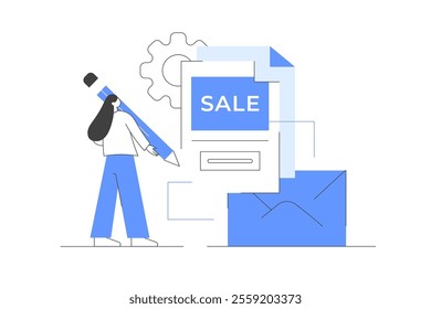 Character with pencil writing content for advertising mail or promotional offer with sales and discounts. E-mail marketing and promotion. Flat Cartoon Vector Illustration, icon. Stylish abstract