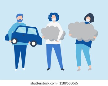 Character of people holding air pollution symbols illustration