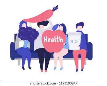 Carácter de las personas que sostienen un brócoli de manzana con ilustración de concepto de salud