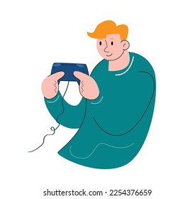 character people holding game console vector illustration