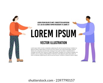 Character people with inviting gesture pointing at place for advertising or announcement event or slogan fair with space for text. Isolated flat vector Illustration, poster and banner