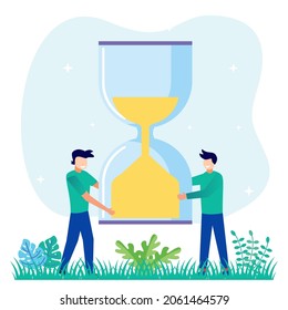 Character people lift the hourglass and achieve success with business. Financial concept, time management. Flat vector illustration.