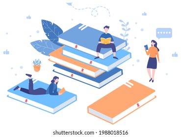 Character People Read Books in a Room Vector Illustrations to Increase Insight and Knowledge. Flat Design