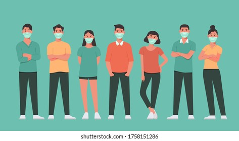 character of people wearing surgical face mask to prevent virus spreading, flu disease and air pollution, man and woman standing together with protective medical mask, flat vector illustration