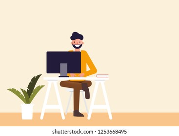 character people working with a computer in the room. freelance job concept banner. cartoon flat people illustration vector design.