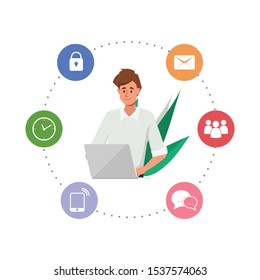 character people working with a laptop computer and infographic system icon.