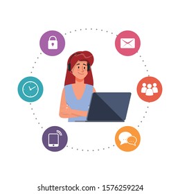 character people working with a laptop computer and infographic system icon. Call center character flat vector illustration.