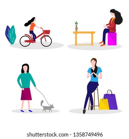 Character people young women in action lifestyle. Ride a bicycle, hole the smartphones, sit and coffee time, take the dog for a walk. Vector illustration flat design.