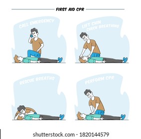 Character Perform First Aid Help to Victim Lying on Floor. Emergency Call, Check Breathing, Rescue Breath and CPR. Nursing Training, Cardiopulmonary Resuscitation. Linear People Vector Illustration