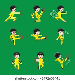 Un personaje interpretando varios tipos de kung fu, o artes marciales chinas. Vector creado con el estilo pixel art.