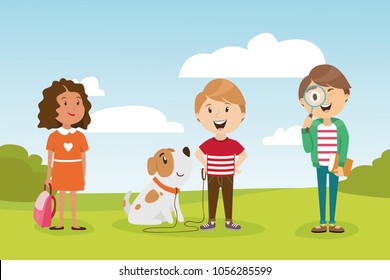 character of a person. children are walking in the park. students. boy with a dog. healthy lifestyle. vector