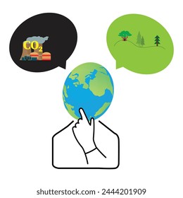 Character of a person with earth globe instead head and two speech bubbles, one with green trees and the other with co2 emissions from factory