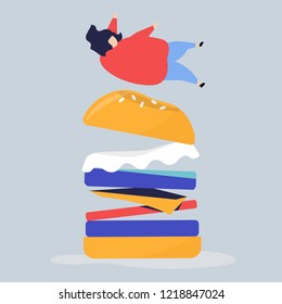 Character of a person falling on a giant hamburger illustration