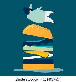 Character of a person falling on a giant hamburger illustration