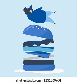 Character of a person falling on a giant hamburger illustration