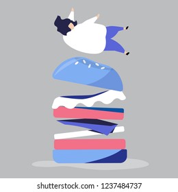 Character of a person falling on a giant hamburger illustration