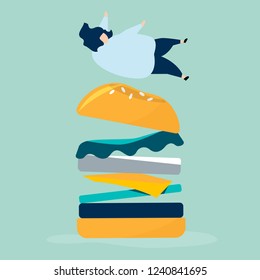 Character of a person falling on a giant hamburger illustration