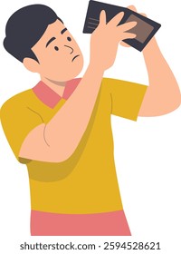 Character of Person Holding Empty Wallet. Vector Illustration in Cartoon Design.