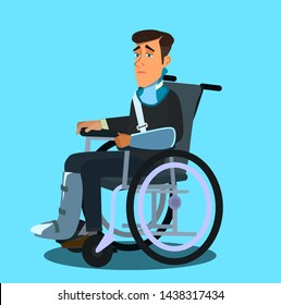 Character of a person with injuries. Broken limbs. The consequences of the accident. Vector illustration in cartoon style.