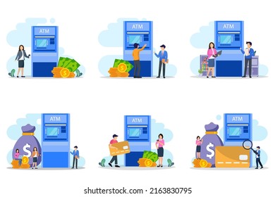 The character of the person makes money withdrawals at ATMs, Cash withdrawal from ATMs. Flat vector template