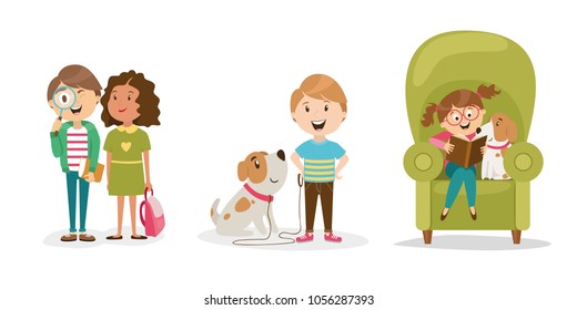 character of a person. students of the school. boy with a dog. the girl is reading a book with her pet. vector