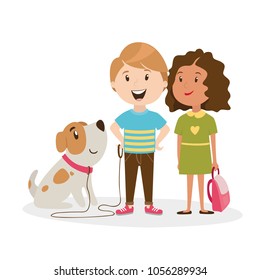 character of a person. students of the school. boy with a dog. girl with backpack. vector