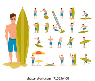 Character person surfer man. Surfer set in various poses and situations. Summer vacation on the sea and the beach. Recreational beach water sport. Surf travel. Character person. Vector illustration 