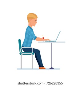 Character person tourist man. Adventure travel. Summer vacation. Traveler man, hipster, at computer, drinks cocktail, rests, looks at photos, side view. Illustration in cartoon style