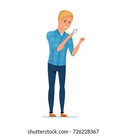 Character person tourist man. Adventure travel. Summer vacation. Young traveler man gets acquainted with surrounding nature and sights, looks at found artifact. Illustration in cartoon style.