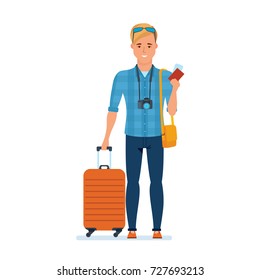 Character person tourist man. Traveler character, hipster man with luggage, documents, is going on journey. Adventure travel. Summer vacation. Outdoor activities. Illustration in cartoon style.