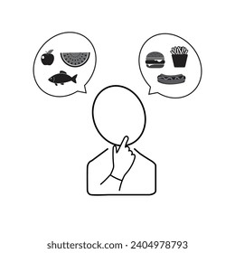Character of a person with two speech bubbles: one with fast food, one with healthy food