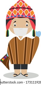 Character from Peru dressed in the traditional way and with surgical mask and latex gloves as protection against a health emergency
