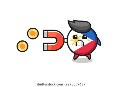 el personaje de la insignia de la bandera de filipinas sostiene un imán para capturar las monedas de oro, diseño de estilo lindo para camiseta, pegatina, elemento logo