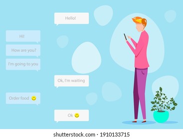 Character with a phone in his hands writes messages, communication dialog on the social network, vector illustration