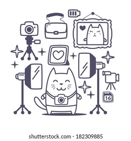 Character photographer with a camera line art composition of professional accessories. Cat male stands smiling
