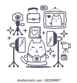 Character photographer with a camera line art composition of professional accessories.  Cat female stands smiling