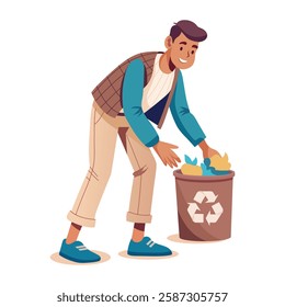 A character picking trash illustration in flat style 

