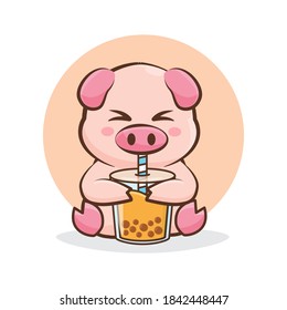 character pig drinking boba drink