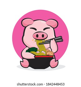 character pig eating a bowl of noodle