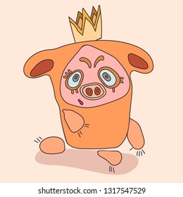 Character pig. Redhead character with a patch and a crown on his head