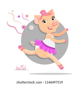 The character of a piggy is a ballerina. Vector illustration. Cartoon character. Ballet dancer.