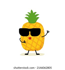 piña de carácter, fruta. Un estilo cómico cortés y divertido. Ilustración vectorial de caricatura plana aislada en fondo blanco. caracter de piña amarilla y madura en gafas. una sola imagen o icono.