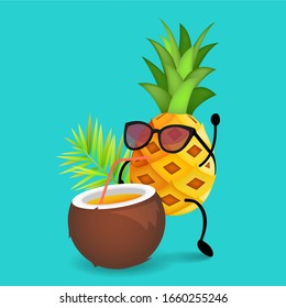 Character Pineapple with glasses on holiday. vector, illustration.