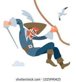 The character is a Pirate captain.  Pirate attacks from above hanging on the rope. Vector cartoon illustration flat.