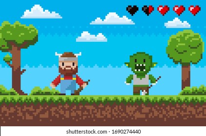 Character in pixel game vector, viking defeating troll, hearts as symbol of life, 8 bit design, retro style of gaming process, landscape scenery pixelated