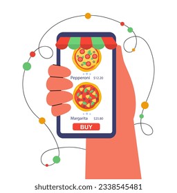 Character with pizza delivery concept. Man or woman with smartphone in his hand orders pepperoni, fast food. Online shopping and ecommerce. Mobile app from cafe. Cartoon flat vector. 3D Illustration