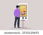 A character places their fast food order at a modern touchscreen kiosk while enjoying a casual day out in the city