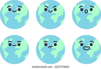 The character of planet Earth with positive and negative emotions. Round stickers for Earth day. Blue planet. Vector illustration